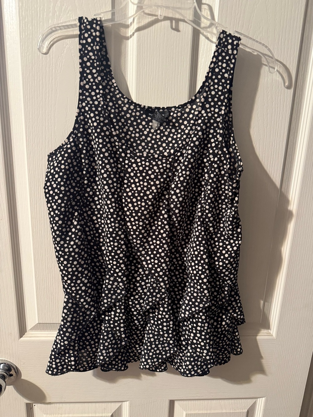 Spense Black and White Polka Dot Ruffle Tank